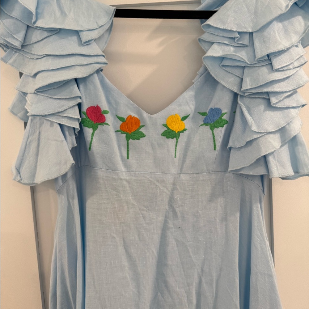 Fanm Mon Light Blue Maxi Dress with Floral Embroidery